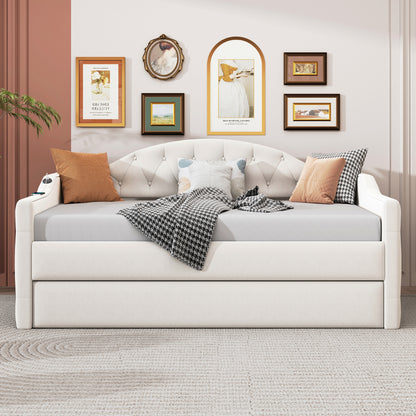 Size Tufted Upholstered Daybed with Trundle,Velvet Sofabed with USB&Type-C Charging Ports,No Box-spring Needed, Beige