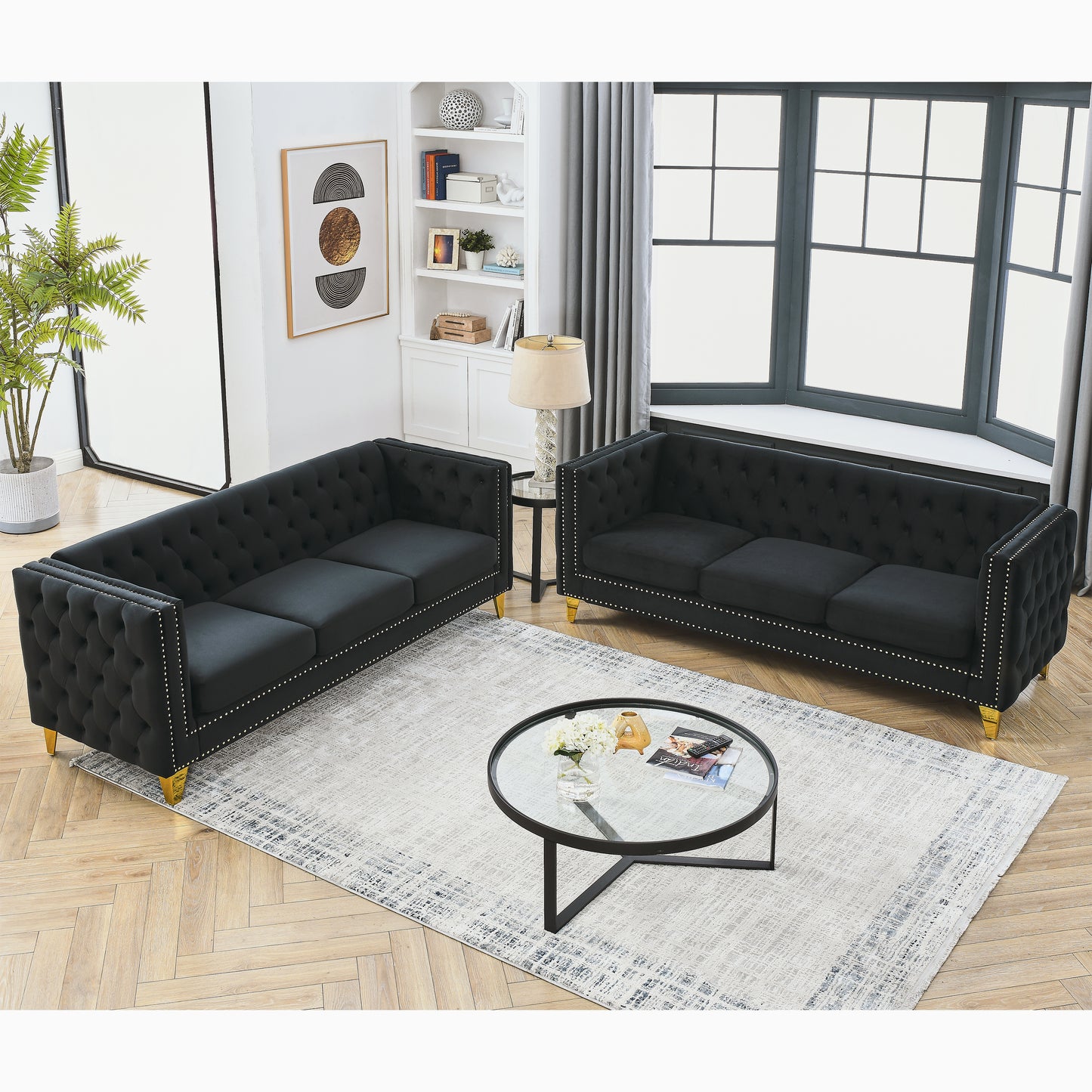 Velvet Sofa for Living Room,Buttons Tufted Square Arm Couch, Modern Couch Upholstered Button and Metal Legs, Sofa Couch for Bedroom, Black Velvet,2PCS