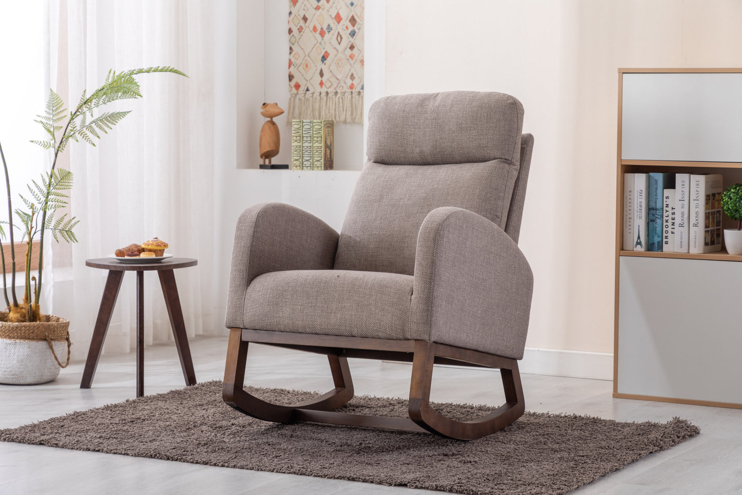 Rocking Chair, Modern Glider Chair, Recliner Armchair with Wood Legs and Side Pocket, Nursery Rocking Accent Chair with High Back for Living Room Bedroom (Grey linen)