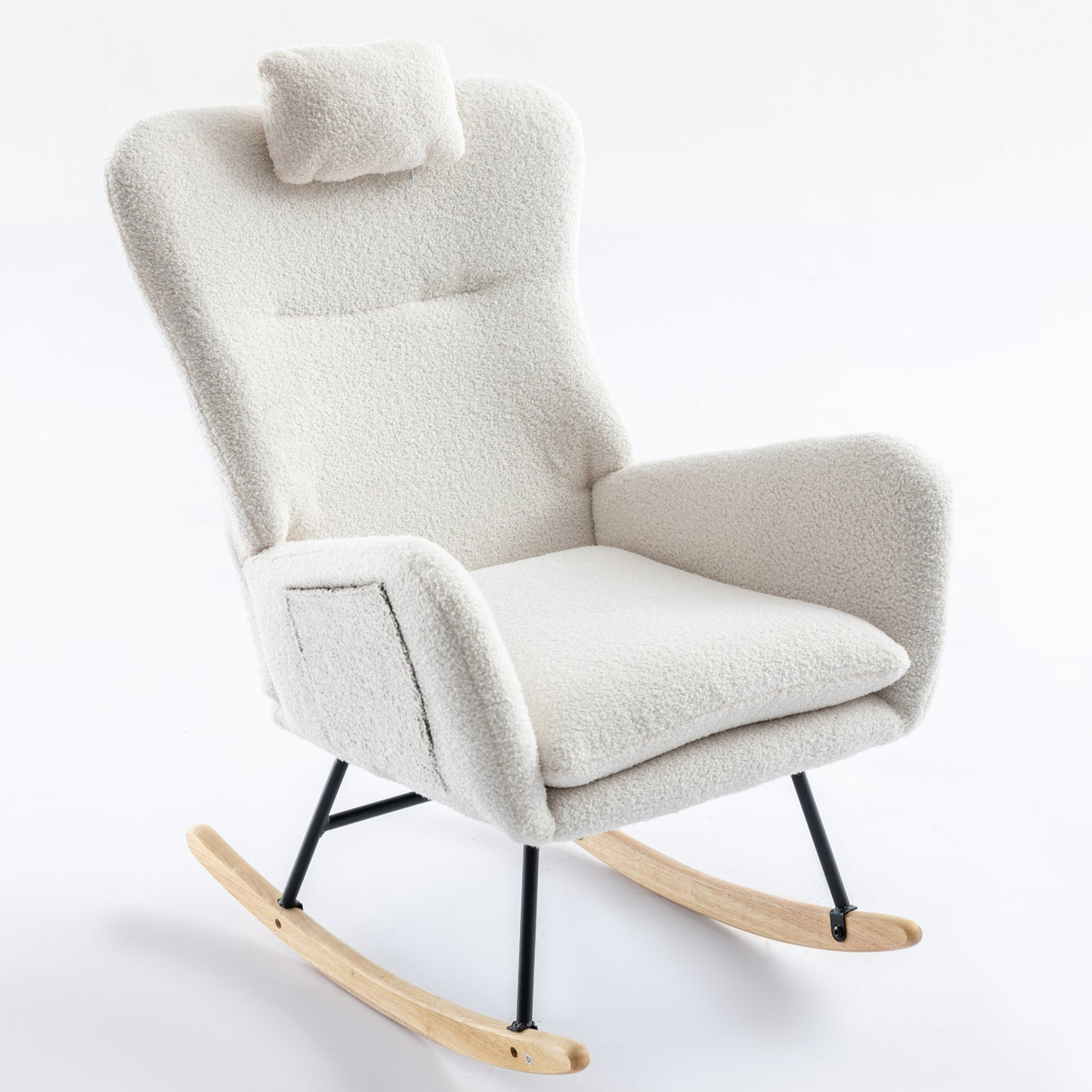 35.5 inch Rocking Chair with Pocket, Soft Teddy Fabric Rocking Chair for Nursery, Comfy Wingback Glider Rocker with Safe Solid Wood Base for Living Room Bedroom Balcony (white)