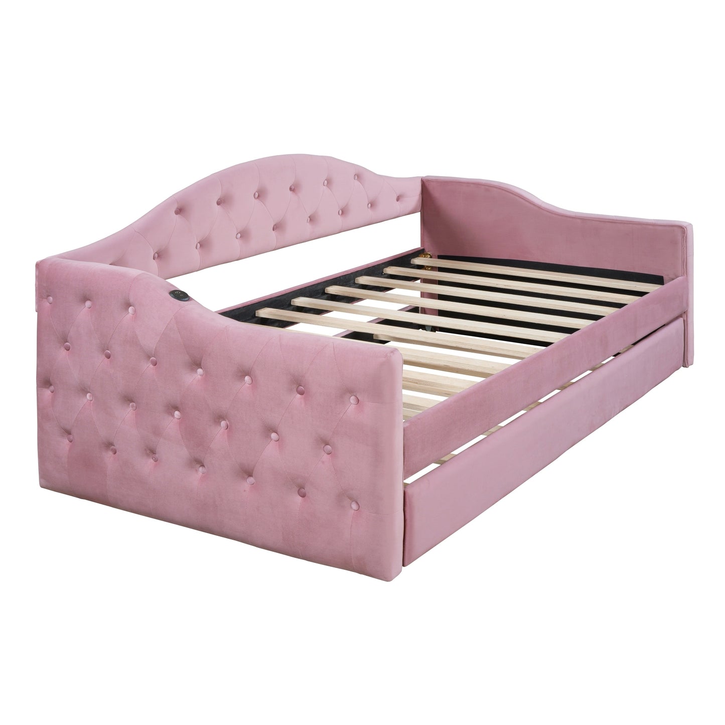 Size Tufted Upholstered Daybed with Trundle,Velvet Sofabed with USB&Type-C Charging Ports,No Box-spring Needed, Pink