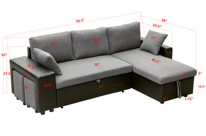 92.5 inchLinen Reversible Sleeper Sectional Sofa with storage and 2 stools Steel Gray