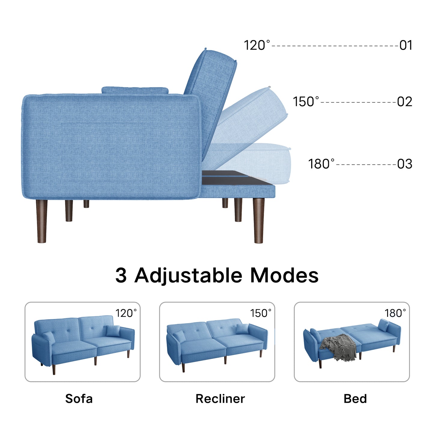 Living Room Bed Room Leisure Futon Sofa bed in Blue Fabric with Solid Wood Leg