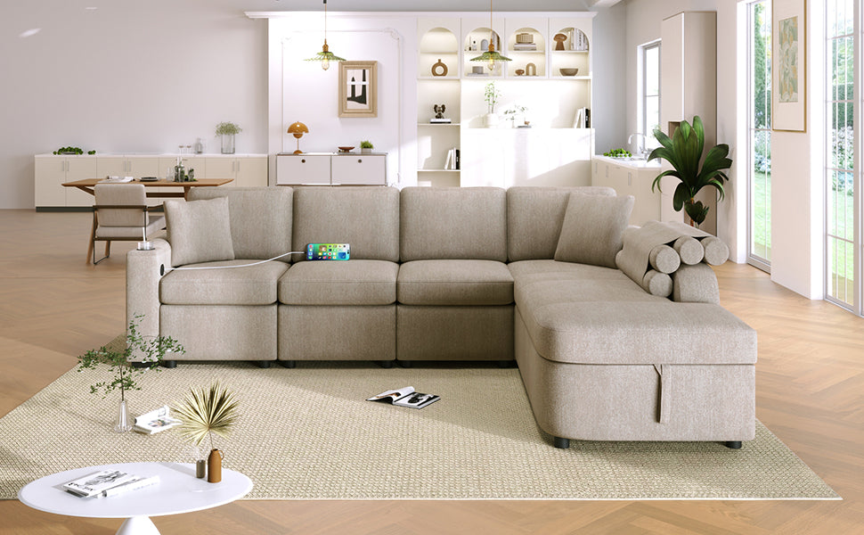 109.8"L-shaped Couch Sectional Sofa with Storage Chaise,Cup Holder and USB Ports for Living Room, Beige