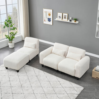 The 84.6-inch beige teddy fleece creative sofa can be assembled into a two-seater sofa plus a single couch with three waist pillows to perfectly stretch your waist for small apartment bedroom Spaces