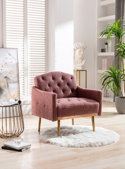 Modern Accent Chair with Arms, Tufted Decorative Fabric Armchair with Gold Metal Legs, Upholstered Reading Chair for Living Room Bedroom Office