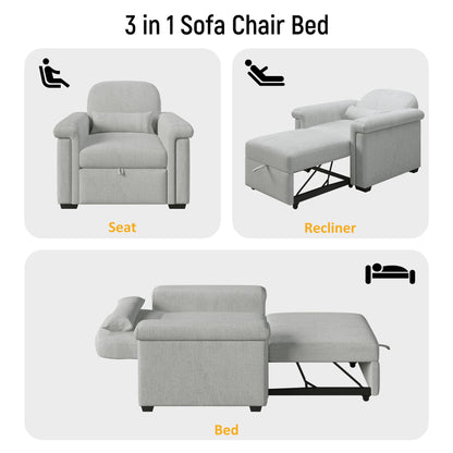 3 in 1 Convertible Sleeper Chair Sofa Bed Pull Out Couch Adjustable Chair with Pillow, Adjust Backrest into a Sofa, Lounger Chair, Single Bed or Living Room or Apartment, Gray