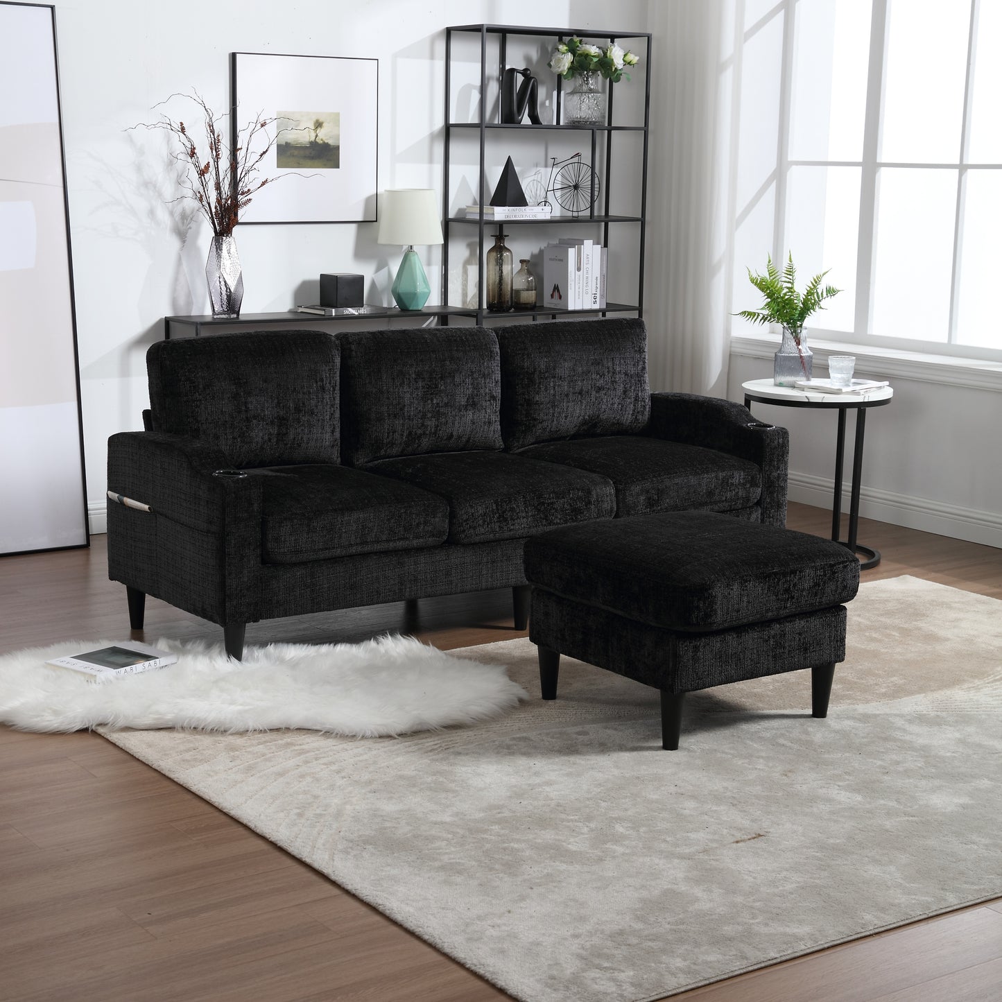 Sofa for three, solid wood frame, Chenille fabric, side pocket, with two cup holders, footstool with storagestorage sofa /Living room sofa cozy sectional sofa