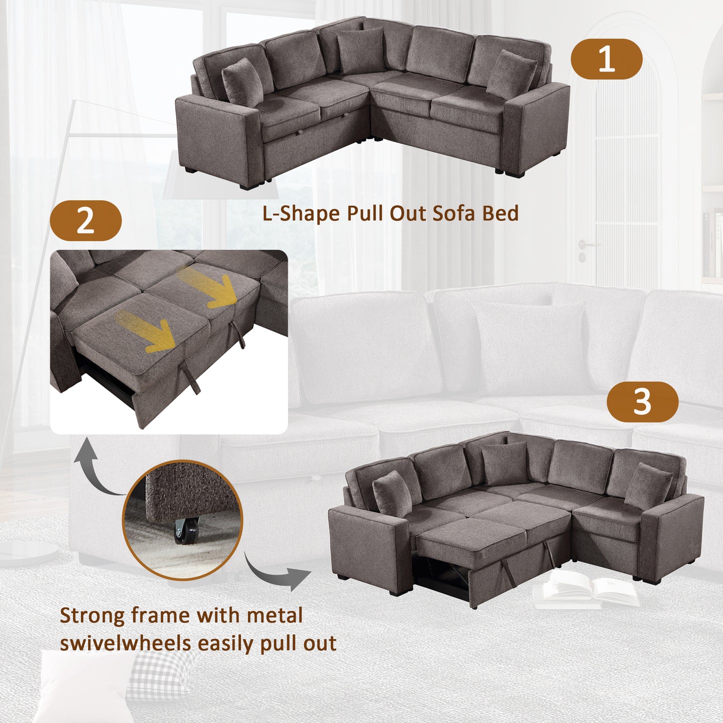 Modular Sofa, Sectional Couch L Shaped Sofa Couch with Pullout Sleeper, 5 Seat Chenille Corner Sofa for Living Room, 3 Pillows Included, Light Brown