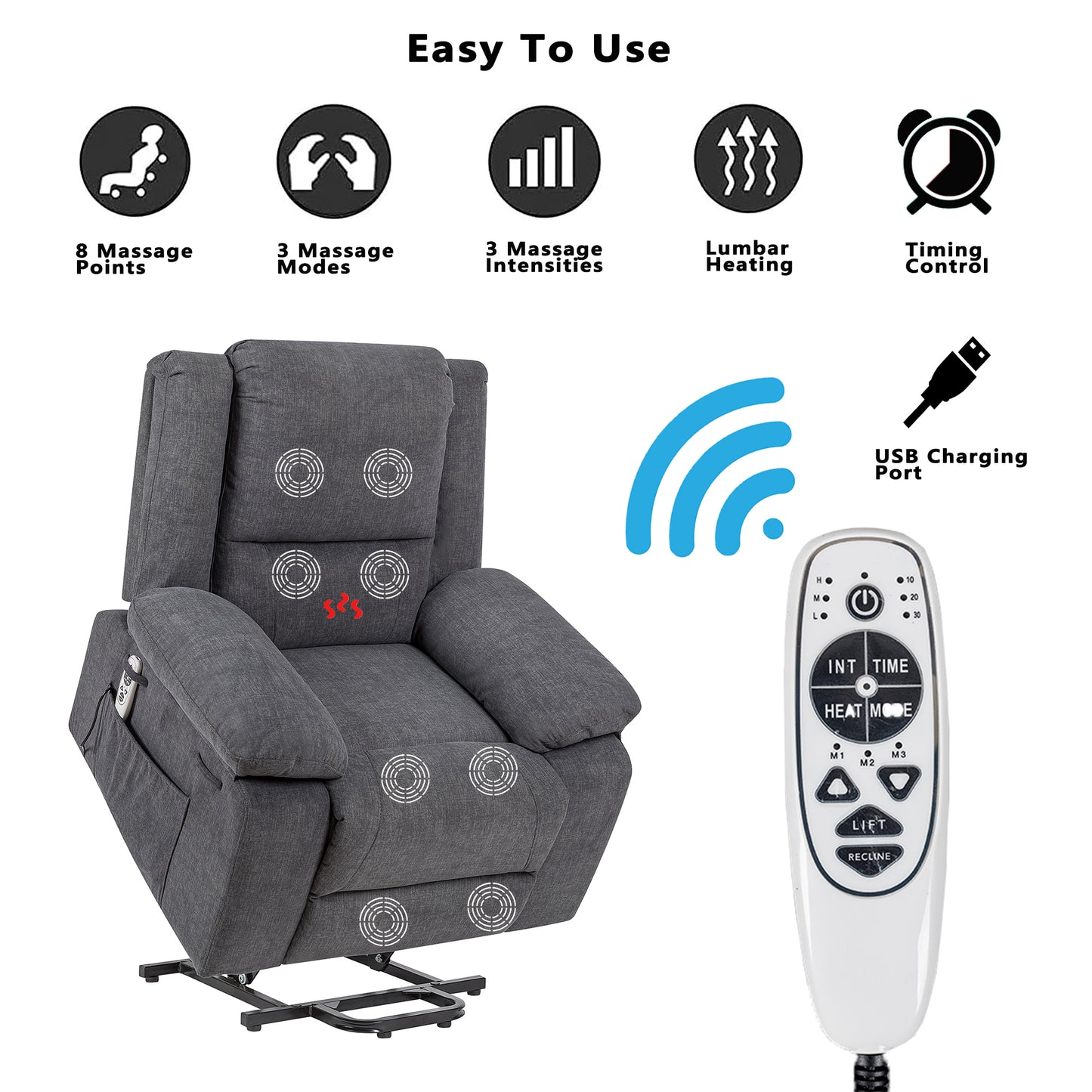 Electric Power Recliner Chair With Massage For Elderly,Remote Control Multi-function Lifting, Timing, Cushion Heating Chair With Side Pocket Dark Grey