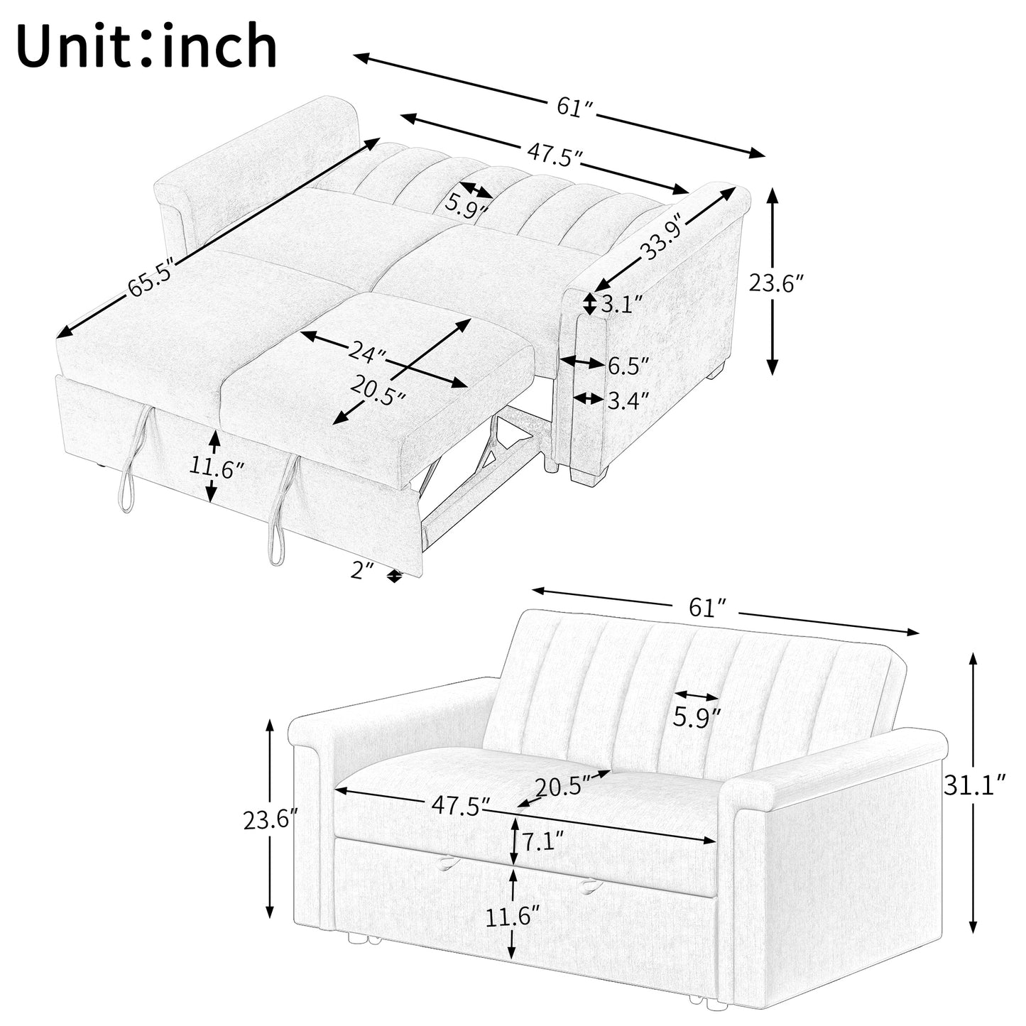 U_STYLE Convertible Soft Cushion Sofa Pull Bed,for Two People to Sit On