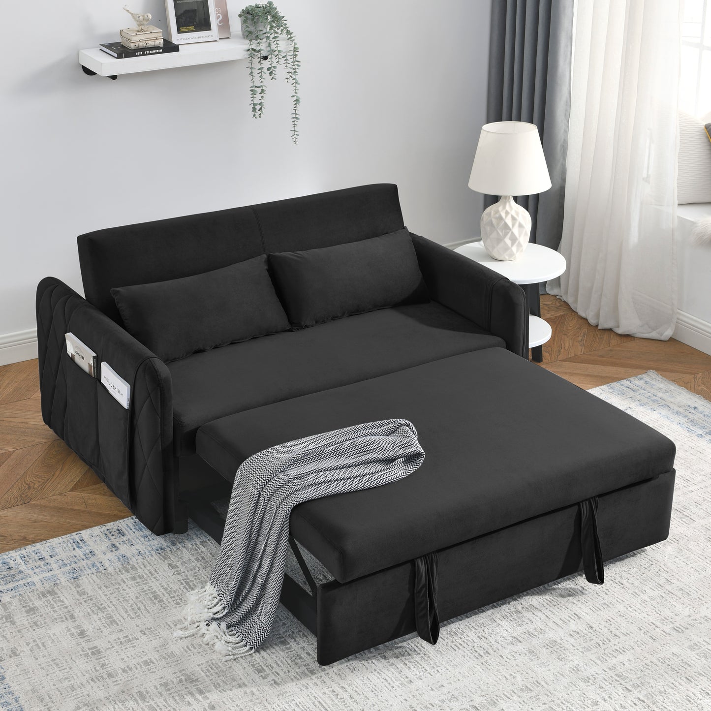 55" Modern Convertible Sofa Bed with 2 Detachable Arm Pockets, Velvet Loveseat Sofa with Pull Out Bed, 2 Pillows and Living Room Adjustable Backrest, Grid Design Armrests