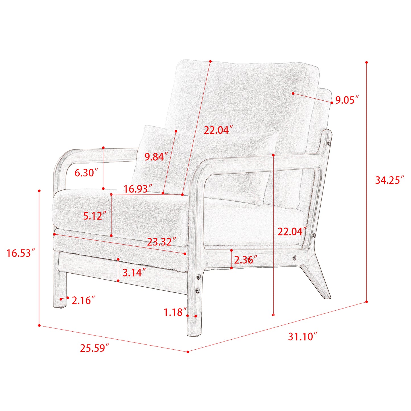 Modern Teddy Fabric Accent Chair,Oak Wood Frame Armchair for Living Room