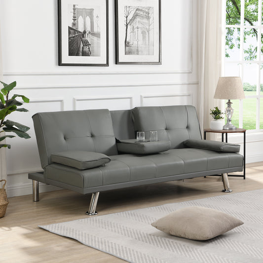 Sofa bed with Armrest two holders WOOD FRAME, STAINLESS LEG, FUTON GREY PVC