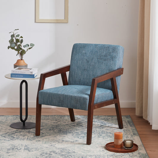 Solid Wooden Mid-Century Modern Accent Chair, Upholstered Arm Chair for Living Room, Bedroom, Linen Fabric Reading Chair, Side Chair, Blue