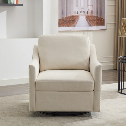 Cream white fabric swivel rotating accent chair with USB and magazine book for living room and hotel bed room