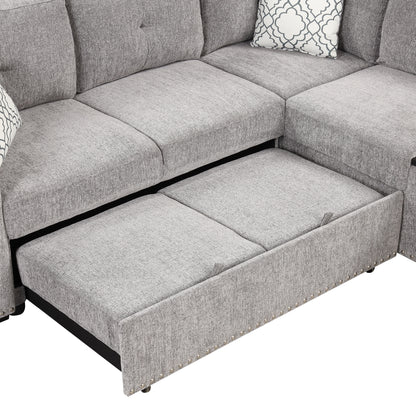 83.8" Sectional Pull-Out Sofa Bed L-Shaped Corner Sofa Couch with Storage Chaise, USB Ports, Power Sockets, Cup Holder for Living Room, Bedroom, Study, Light Gray