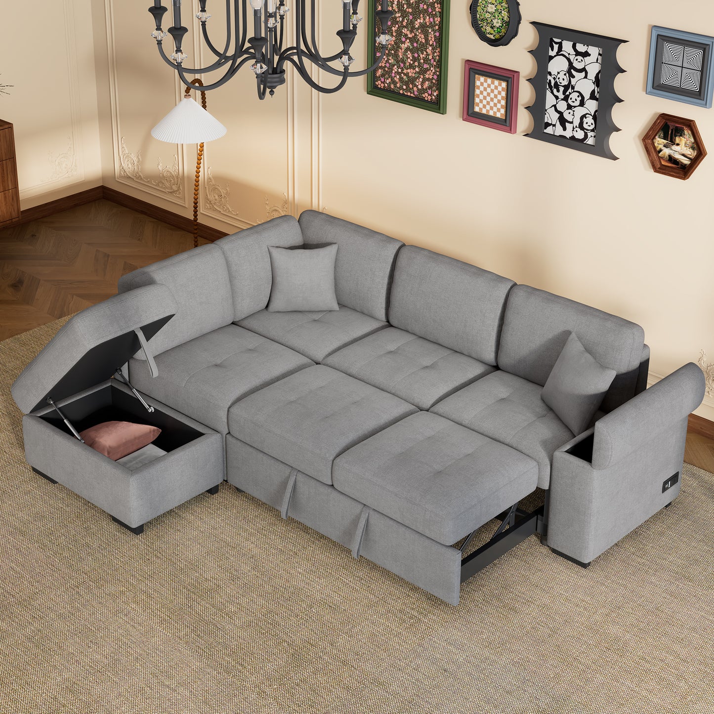 Sleeper Sectional Sofa, L-Shape Corner Couch Sofa-Bed with Storage Ottoman & Hidden Arm Storage & USB Charge for Living Room Apartment, Gray