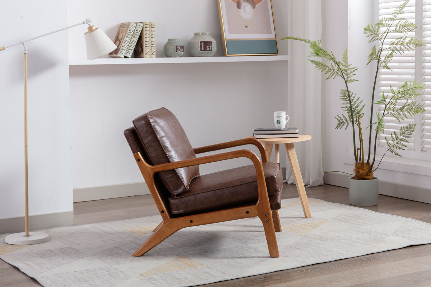 Mid Century Modern Accent Chair, Comfy Fabric Living Room Chairs with Solid Wood Frame, Lounge Reading Armchair, Easy Assembly (Brown PU)