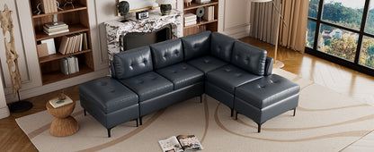 94.88" L-Shaped Corner Sofa Pu Leather Sectional Sofa Couch with Movable Storage Ottomans for Living Room, Blue