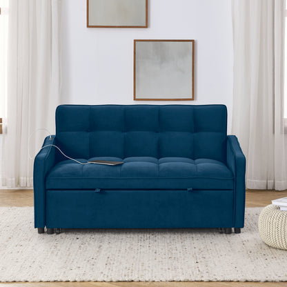 Loveseats Sofa Bed with Pull-out Bed,Adjsutable Back and Two Arm Pocket,TypeC and USB Charging with Copper nail,Blue (47"x53"x31")