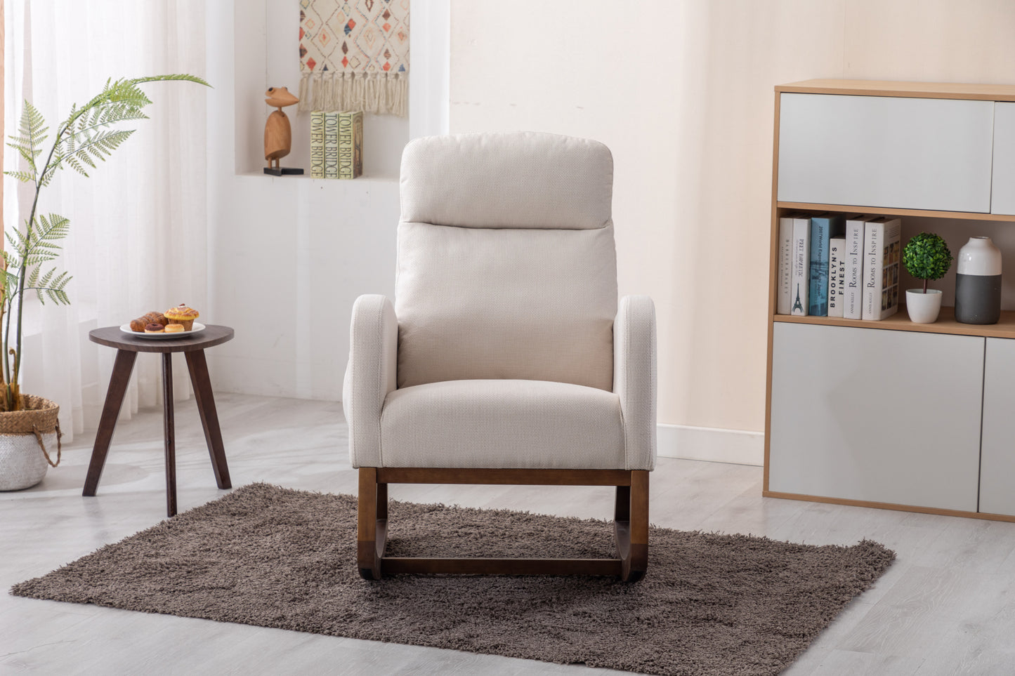 Rocking Chair, Modern Glider Chair, Recliner Armchair with Wood Legs and Side Pocket, Nursery Rocking Accent Chair with High Back for Living Room Bedroom (Beige linen)