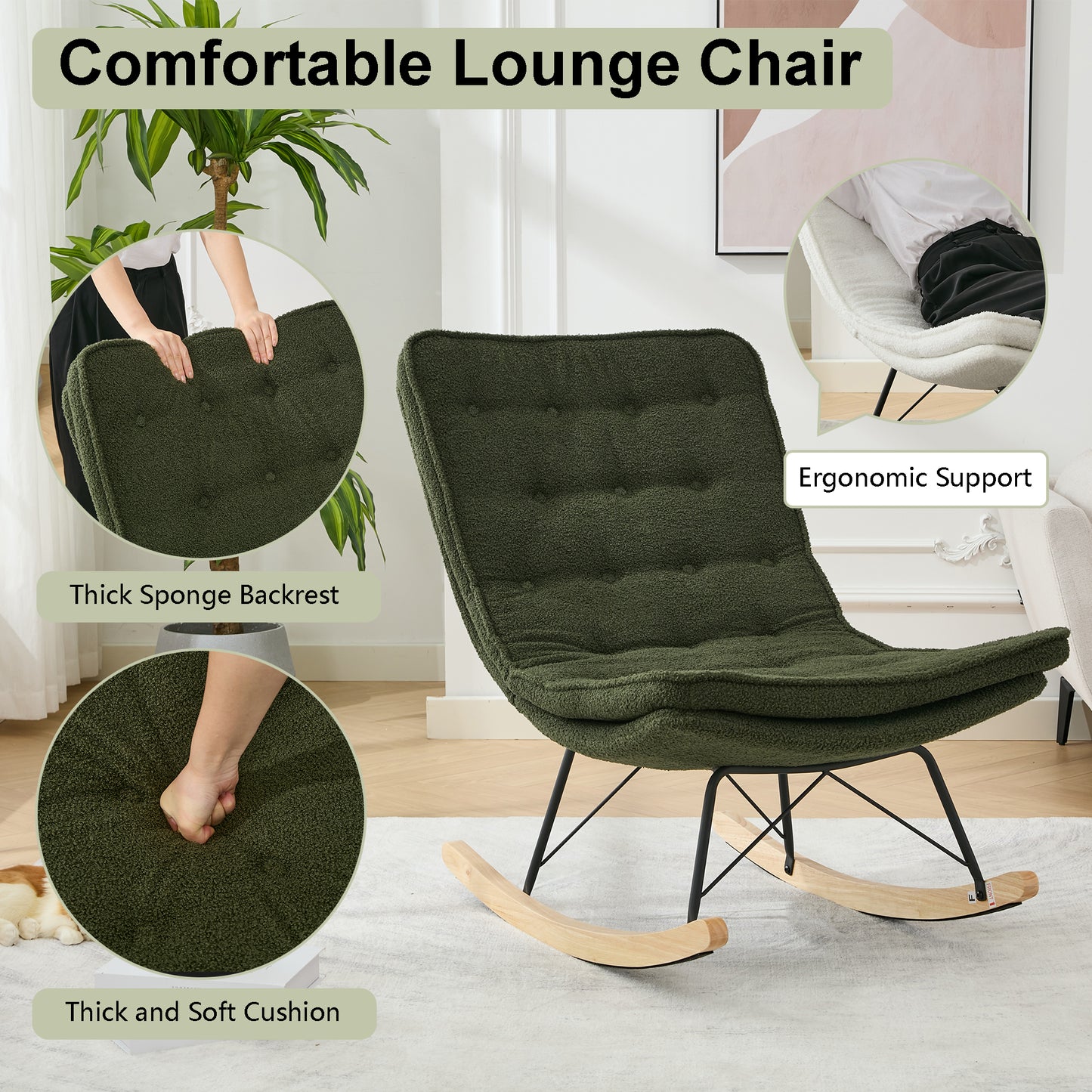 Lazy Rocking Chair,Comfortable Lounge Chair with Wide Backrest and Seat Wood Base, Upholstered Armless Rocker Chair for Living room, Balcony,Bedroom and Patio Porch. (DARK GREEN)