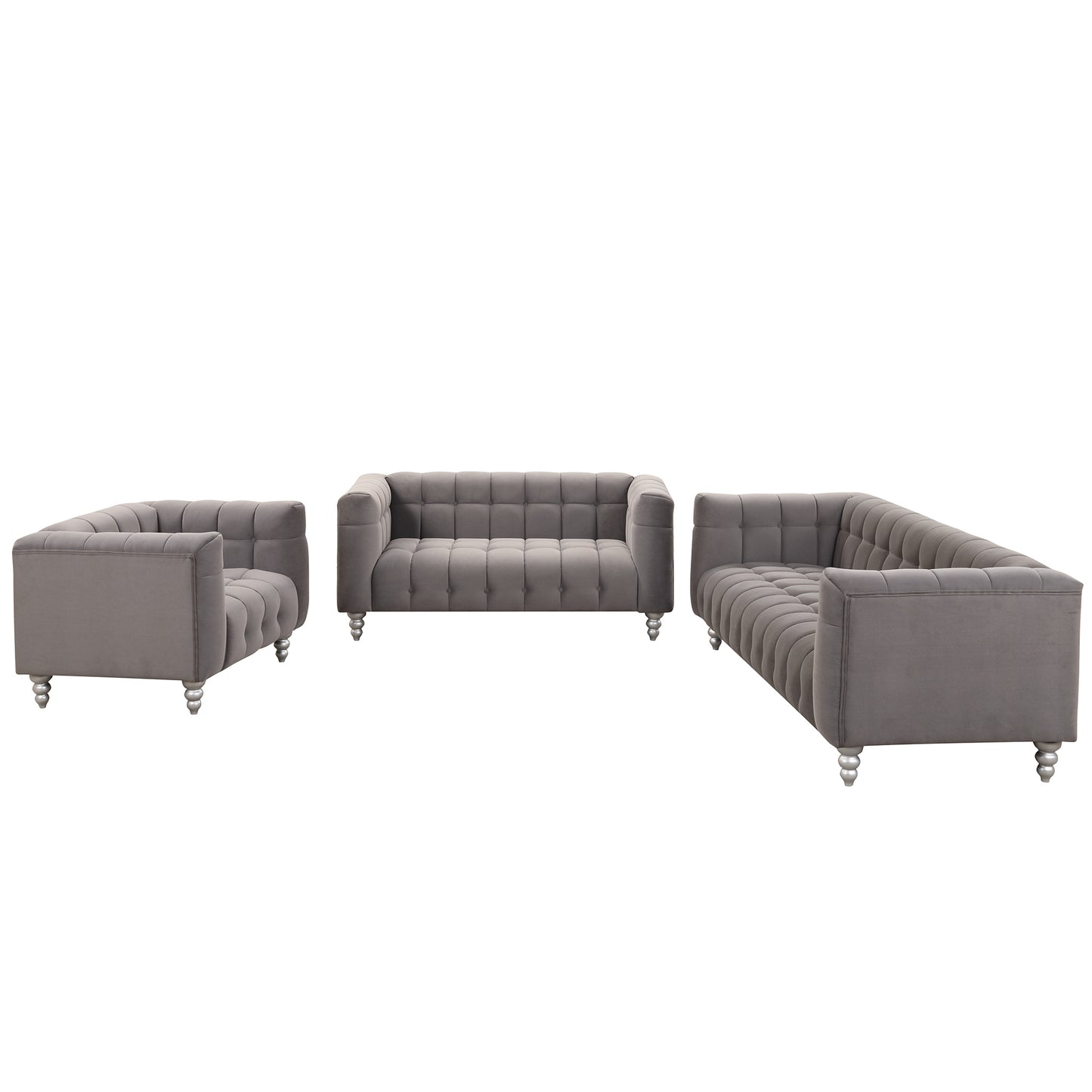 Modern 3-piece sofa set with solid wood legs, buttoned tufted backrest, Dutch fleece upholstered sofa set including three-seater sofa, double seat and living room furniture set single chair, gray