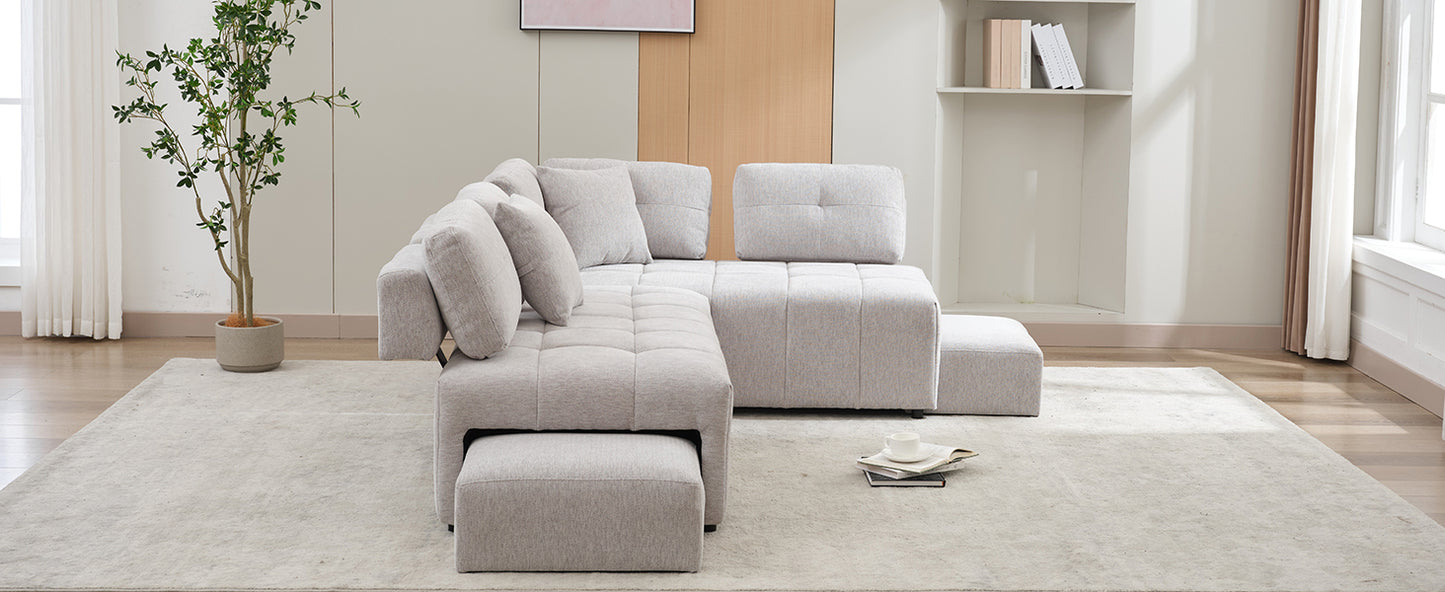 91.73" L-shaped Sofa Sectional Sofa Couch with 2 Stools and 2 Lumbar Pillows for Living Room, Light Grey