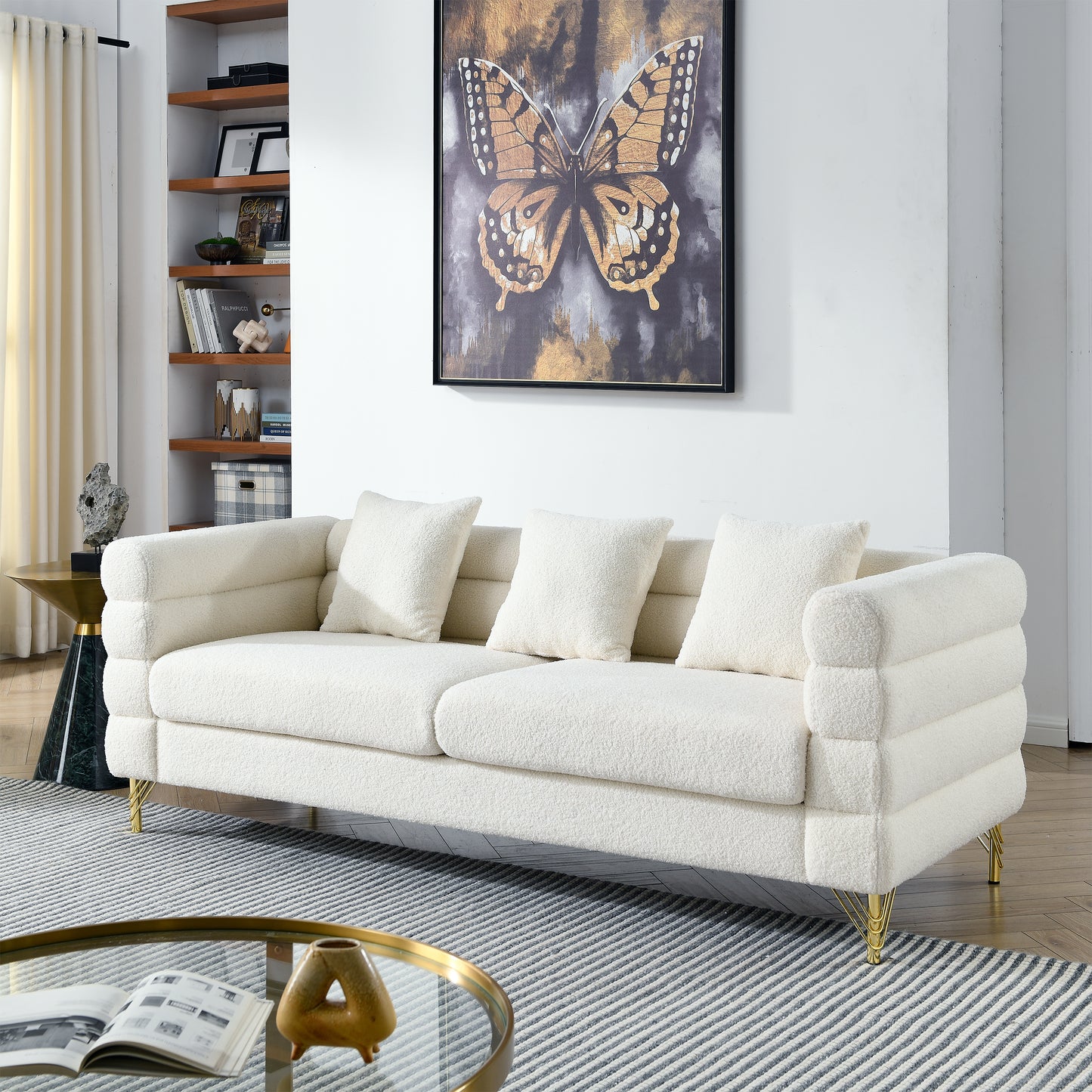 81 Inch Oversized 3 Seater Sectional Sofa, Living Room Comfort Fabric Sectional Sofa - Deep Seating Sectional Sofa, Soft Sitting with 3 Pillows for Living Room,Bedroom,White teddy(Ivory)