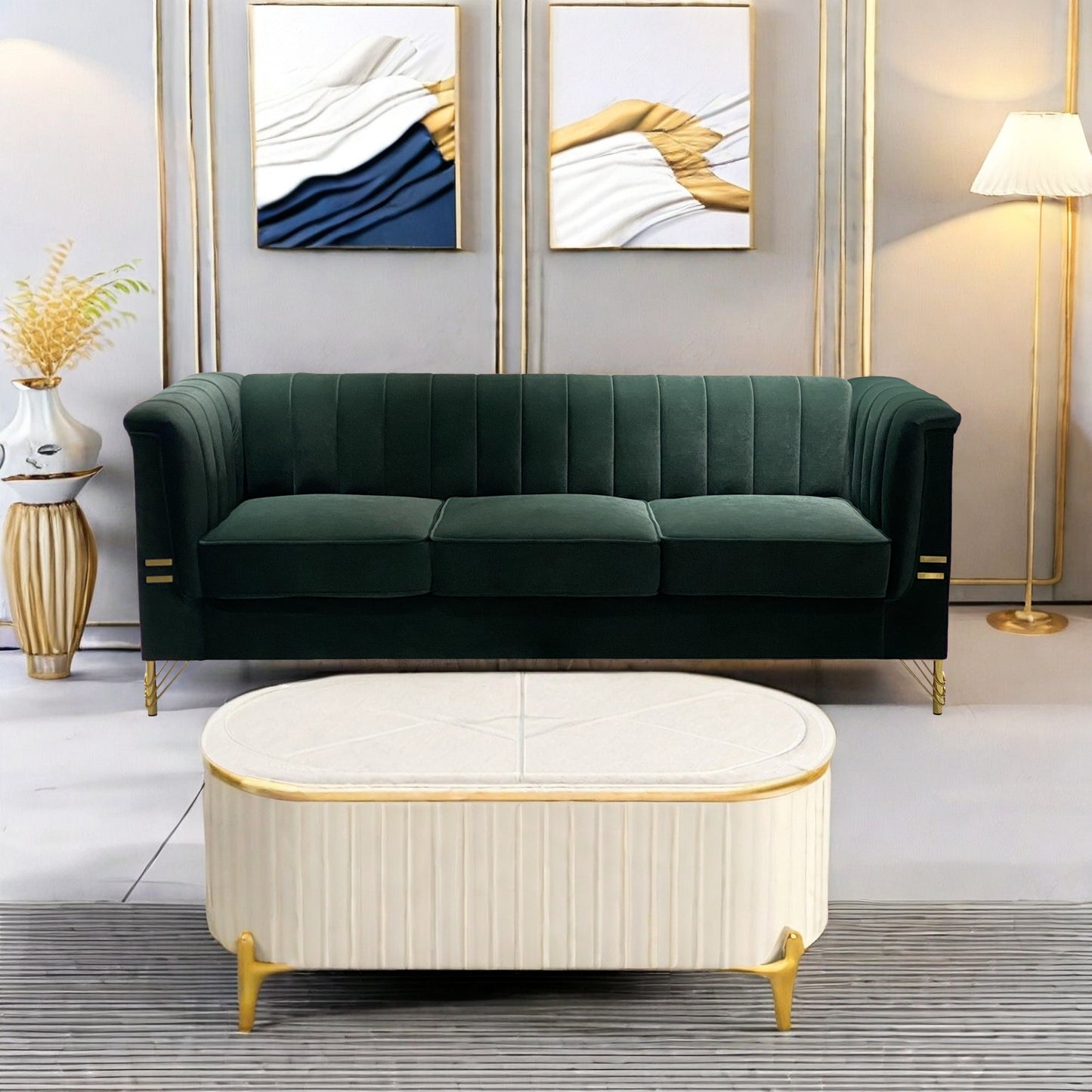 82.67'' W Velvet Sofa, Mid-Century Sofa Furniture Chesterfield Couch for Living Room (Sofa, Green)