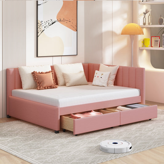 Full Size Upholstered Daybed with 2 Storage Drawers Sofa Bed Frame No Box Spring Needed, Linen Fabric (Pink)