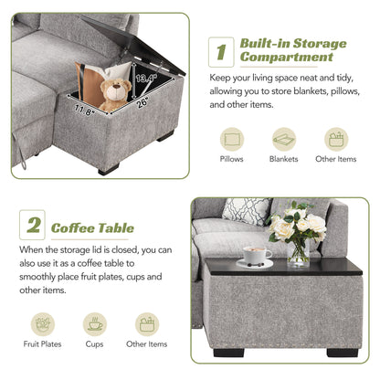 83.8" Sectional Pull-Out Sofa Bed L-Shaped Corner Sofa Couch with Storage Chaise, USB Ports, Power Sockets, Cup Holder for Living Room, Bedroom, Study, Light Gray