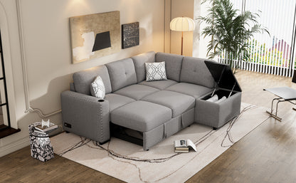 83.8" Sectional Pull-Out Sofa Bed L-Shaped Corner Sofa Couch with Storage Chaise, USB Ports, Power Sockets, Cup Holder for Living Room, Bedroom, Study, Light Gray