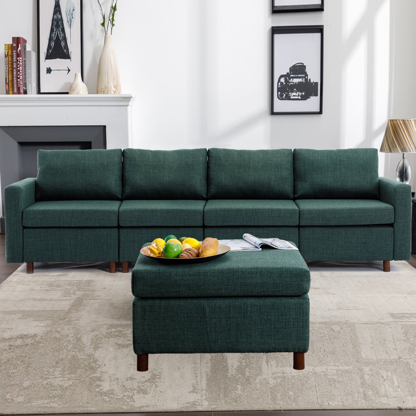 4 Seat Module Sectional Sofa Couch With 1 Ottoman for living room,Seat Cushion and Back Cushion Non-Removable and Non-Washable,Green