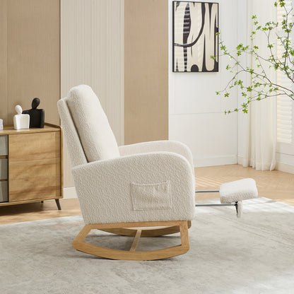 25.4"W Rocking Chair for Nursery, High Back Glider Chair with Retractable Footrest, Side Pocket, Rocking Accent Armchair with Rubber Wood Legs for Living Room/Bedroom.Ivory