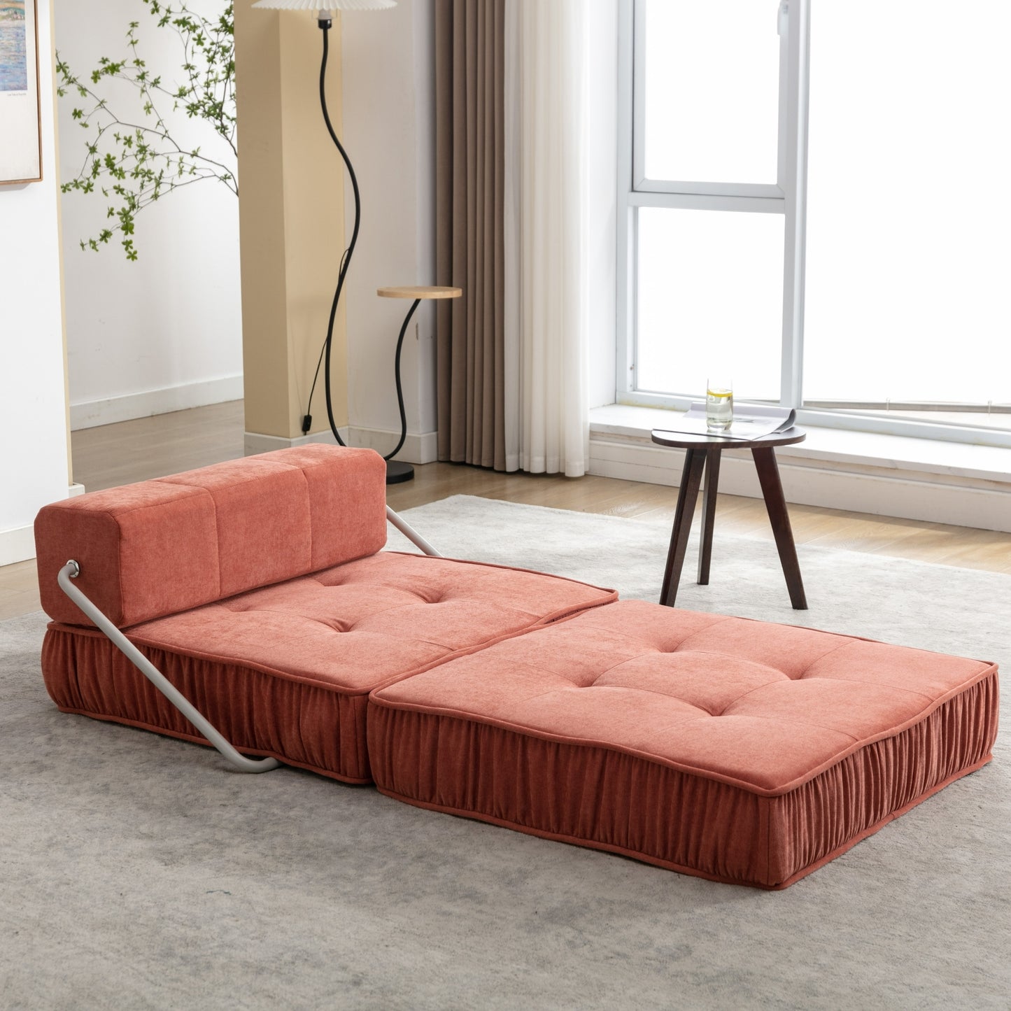 Folding Sofa Bed, Futon Sleeper Chair, Convertible Chair Floor Couch & Sleeping Mattress for Living Room, Guest Room, Home Office, Apartment, Small space, Bed, Removable Back Cushion, Orange, 1 Seat