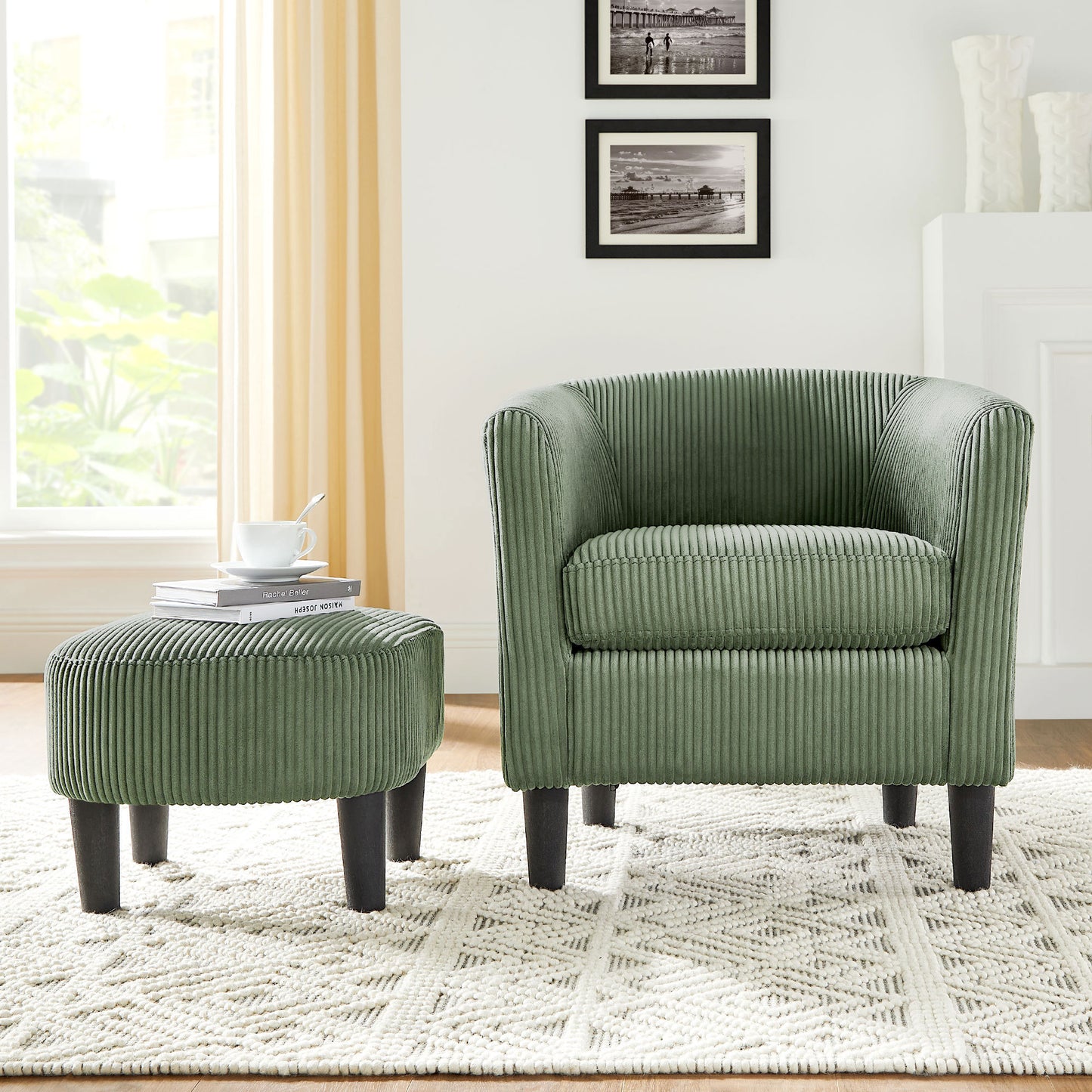 Modern Accent Chair,Upholstered Arm Chair Corduroy Single Sofa Chair with Ottoman Foot Rest Comfy Armchair for Living Room Bedroom and Office,Green