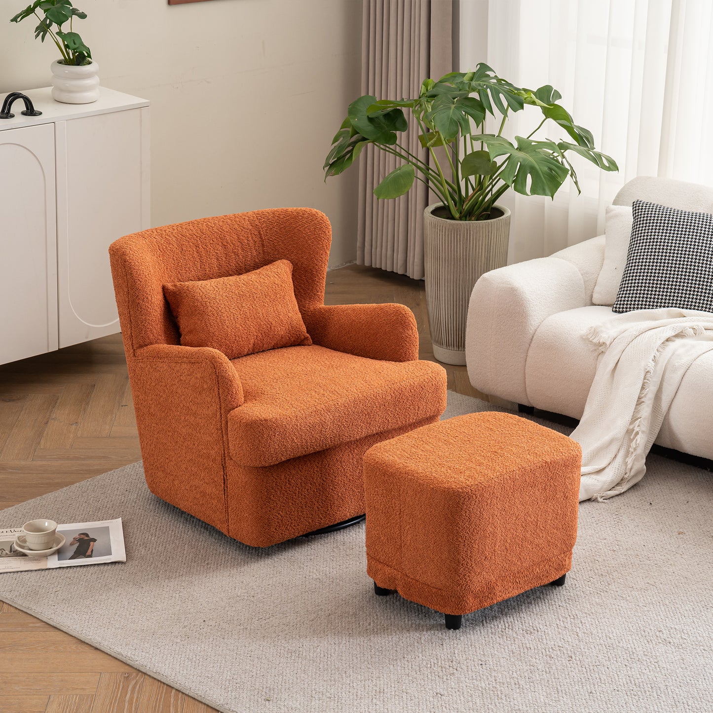 Modern Luxury Velvet Swivel Chair, 360° Swivel Comfort Round Armchair, Single Sofa Chair with Lounge Seat for Bedroom/Office/Reading Space, Set of 1,Orange