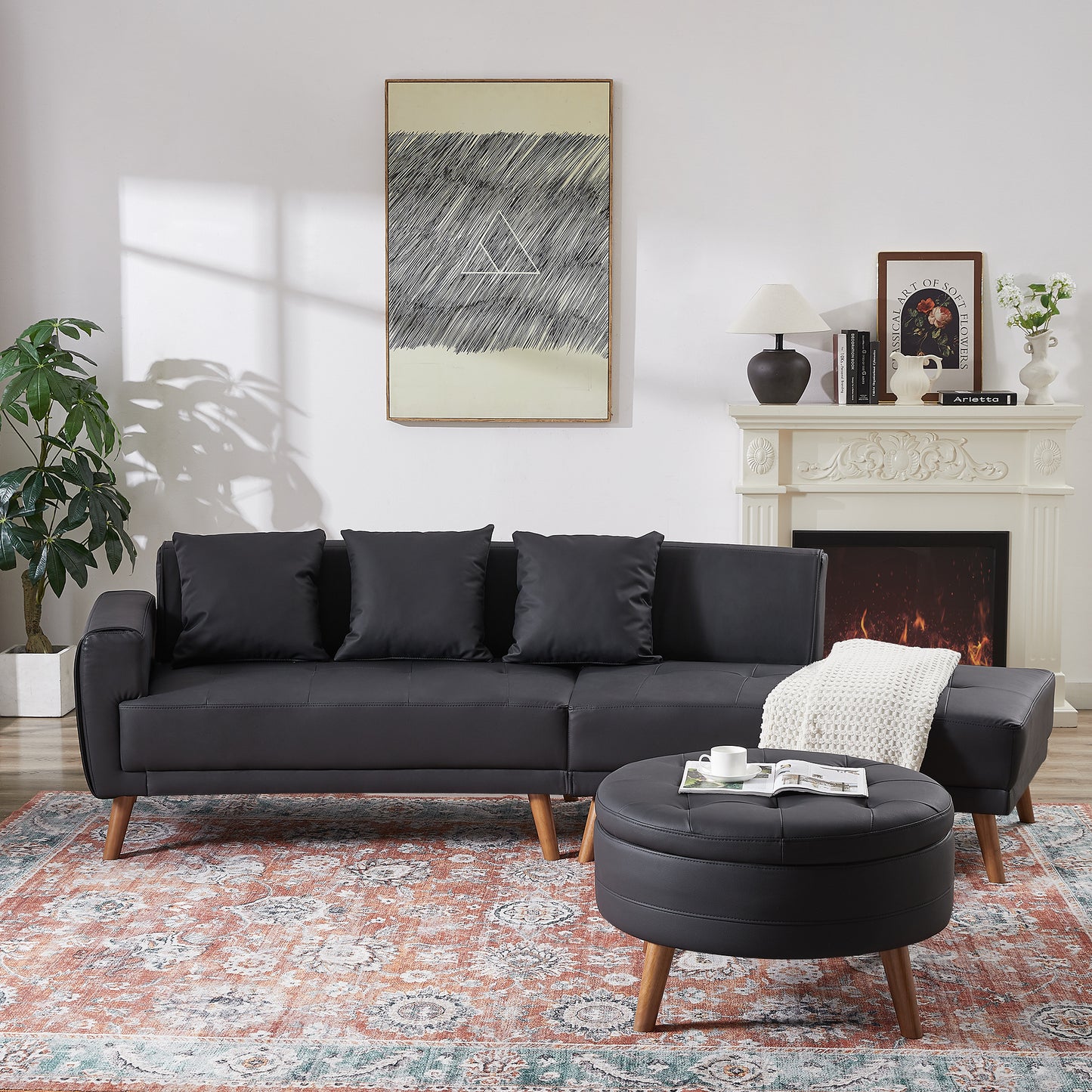 107" Contemporary Sofa Stylish Sofa Couch with a Round Storage Ottoman and Three Removable Pillows for Living Room, Black