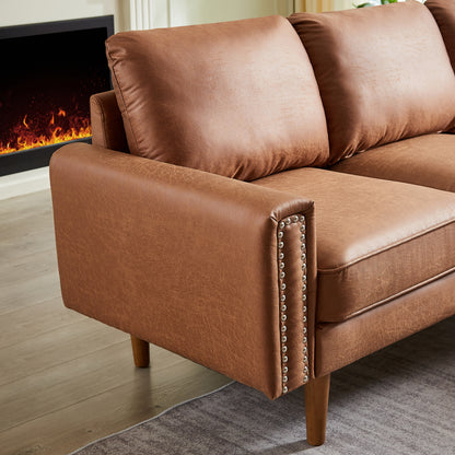 82.2"L-Shape Sofa Couch with Chais Mid-Century Copper Nail on Arms,strong wooden leg and suede fabric design that will complement any living space.Right Chaise, Brown