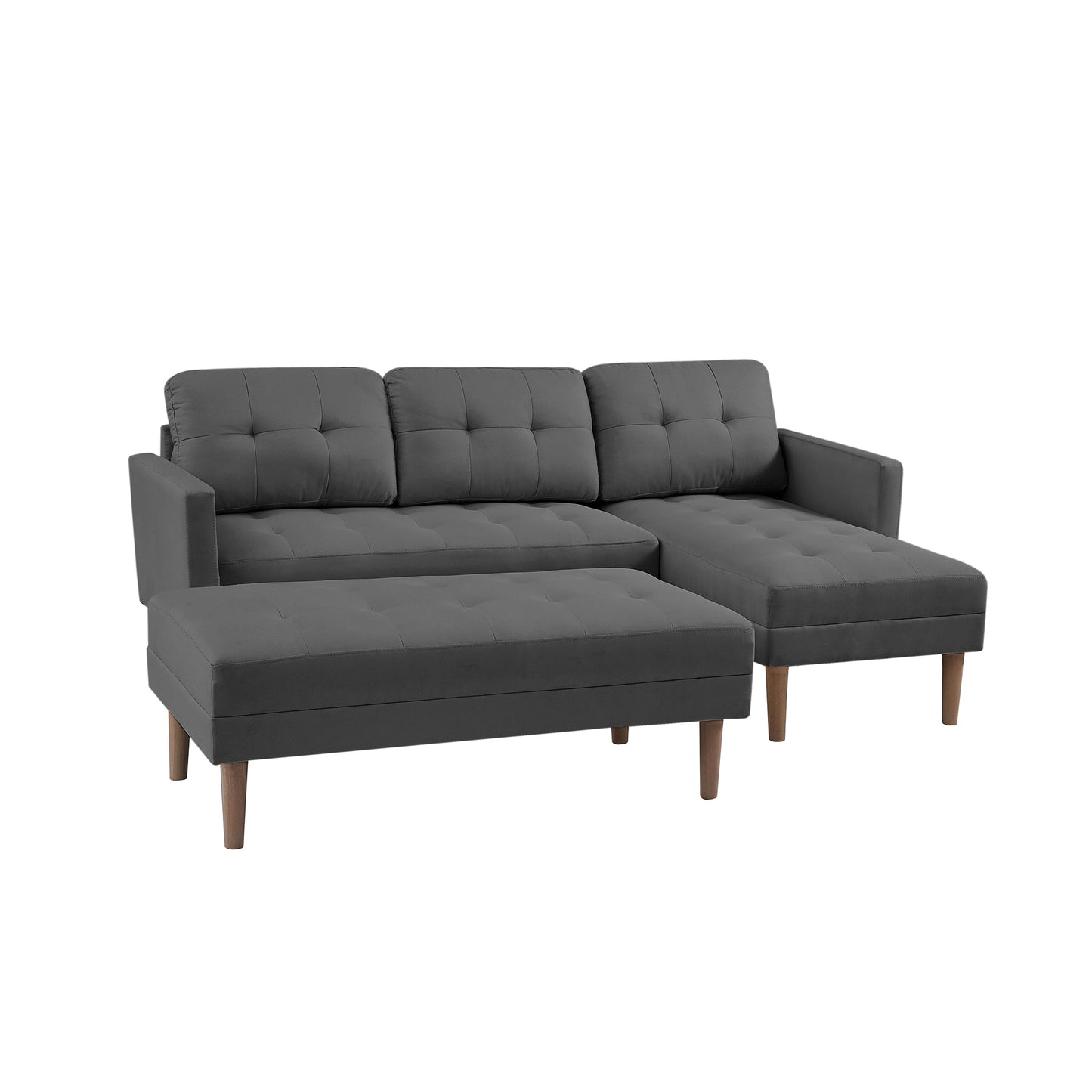 GREY Fabric Right Facing Sectional Sofa Bed, L-shape Sofa Chaise Lounge with Ottoman Bench