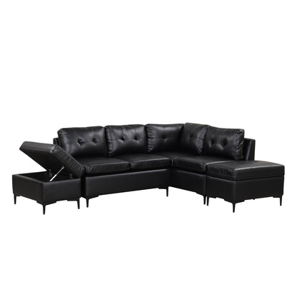 94.88" L-Shaped Corner Sofa Pu Leather Sectional Sofa Couch with Movable Storage Ottomans for Living Room, Black