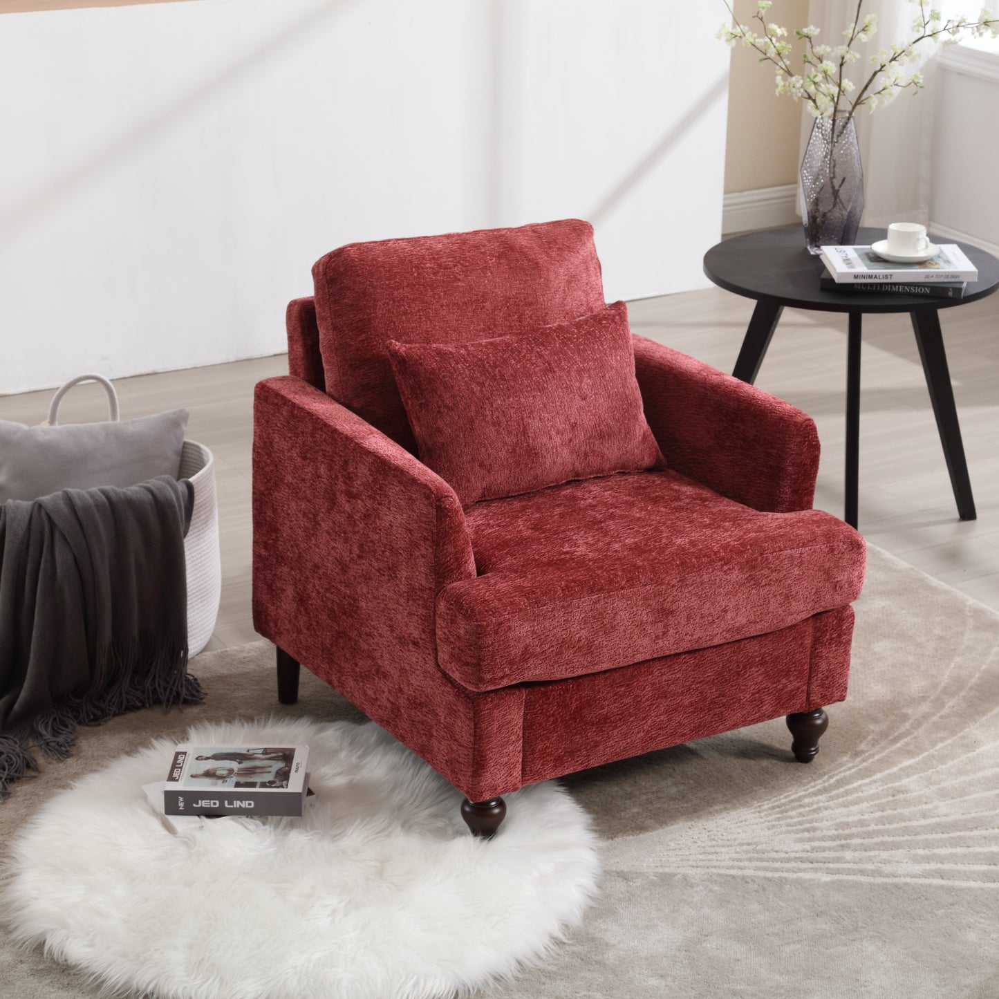 Wood Frame Armchair, Modern Accent Chair Lounge Chair for Living Room,Tufted Club Chair, Mid Century Modern Arm Chairs with Studded, Solid Wood Frame, for Bedroom, Reading(Wine red Chenille)