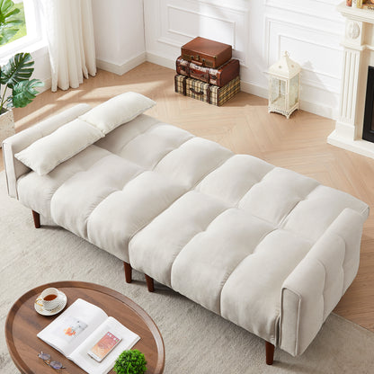 Convertible Futon Sofa Bed, Adjustable Couch Sleeper, Modern Fabric Linen Upholstered Futon Sofa bed with Wooden Legs & 2 Pillows for Apartment, Living Room, Studio. (Ivory)