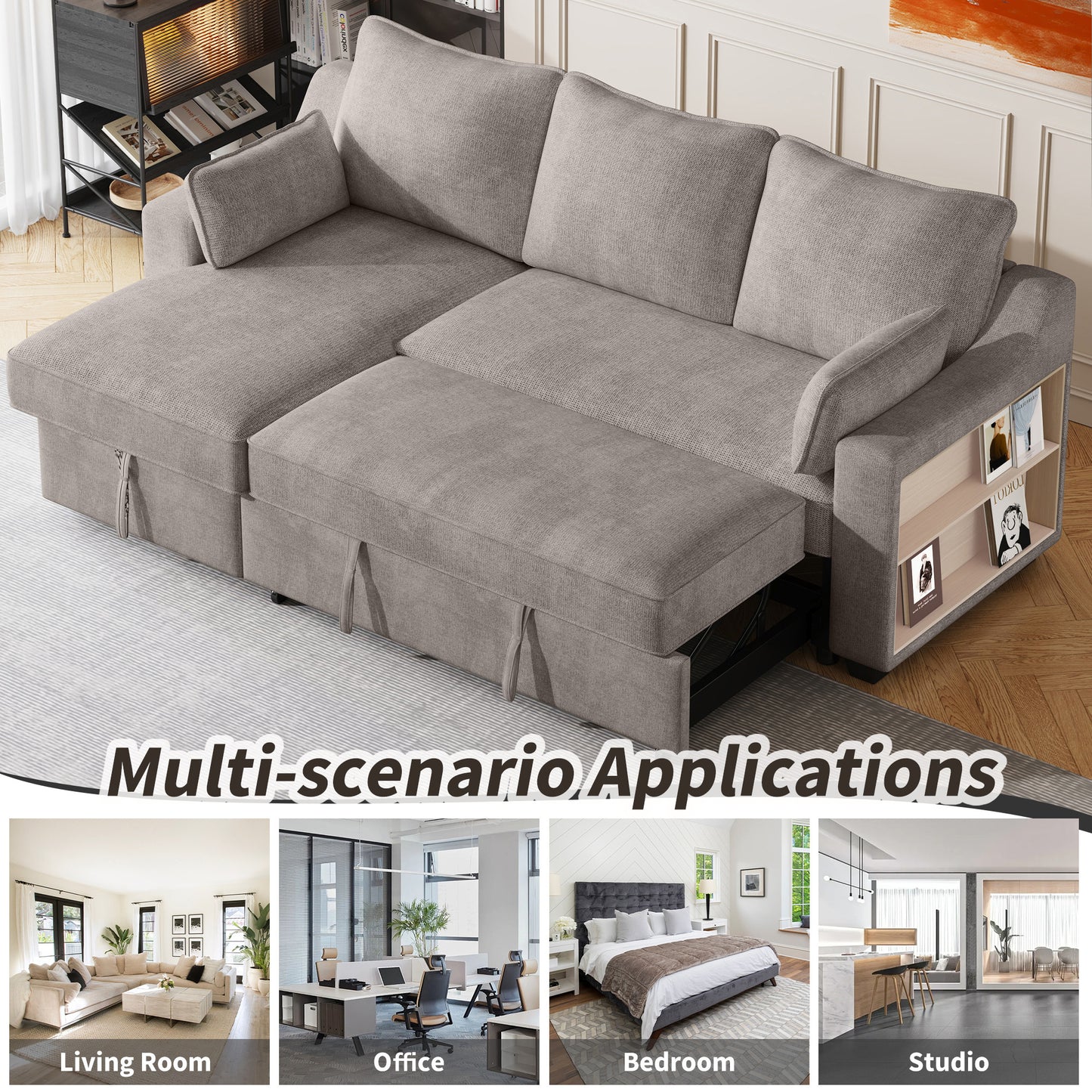 90" Pull Out Sleeper Sofa L-Shaped Couch Convertible Sofa Bed with Storage Chaise, Storage Racks and USB Ports, Light Brown