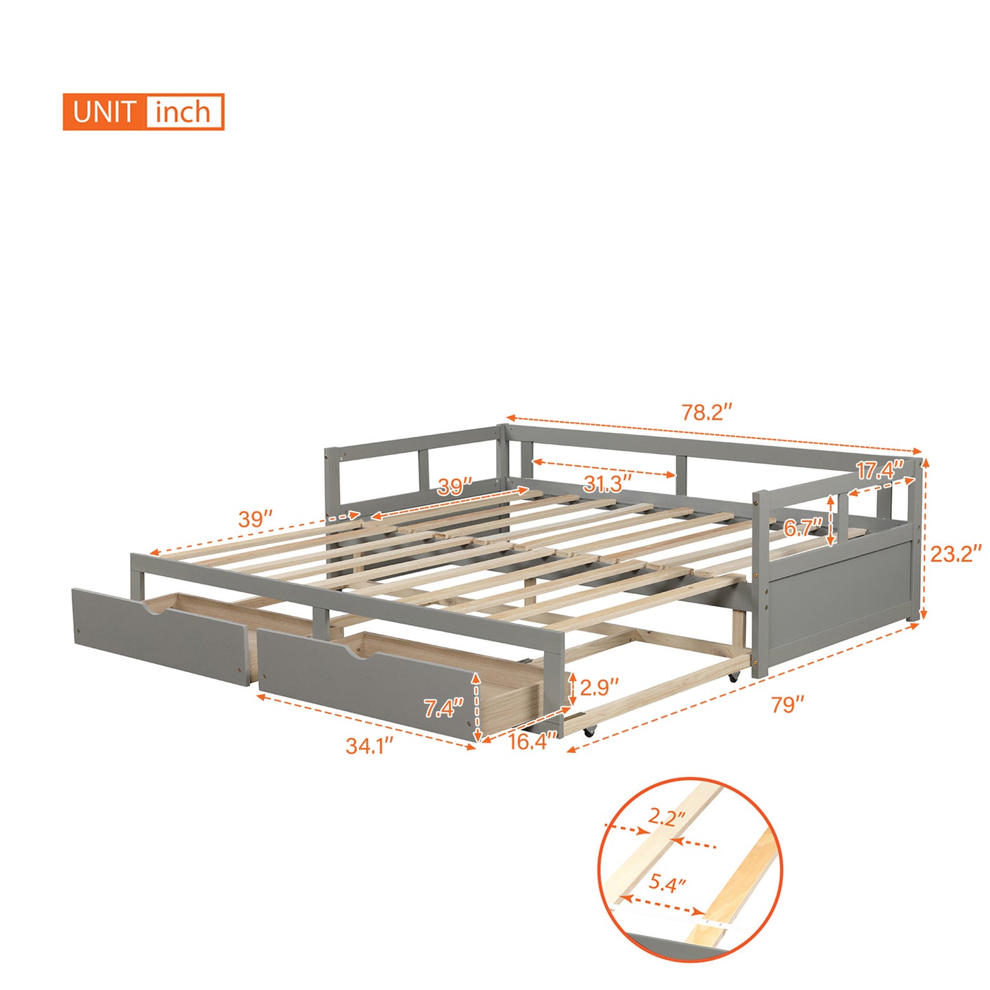 Wooden Daybed with Trundle Bed and Two Storage Drawers, Extendable Bed Daybed,Sofa Bed for Bedroom Living Room, Gray