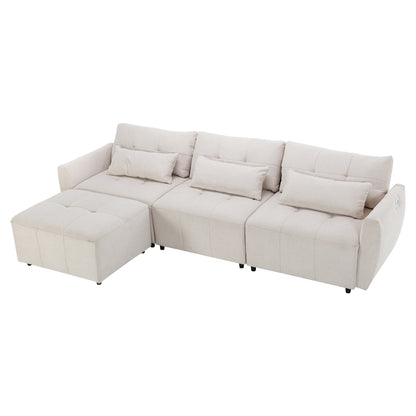 113.3" Convertible Sectional Sofa Couch 3-Seat L-Shaped Sofa with Movable Ottoman and USB for Apartment, Living Room, Bedroom, Beige