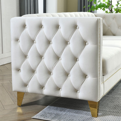 Velvet Sofa for Living Room,Buttons Tufted Square Arm Couch, Modern Couch Upholstered Button and Metal Legs, Sofa Couch for Bedroom, Beige Velvet(W834S00023)