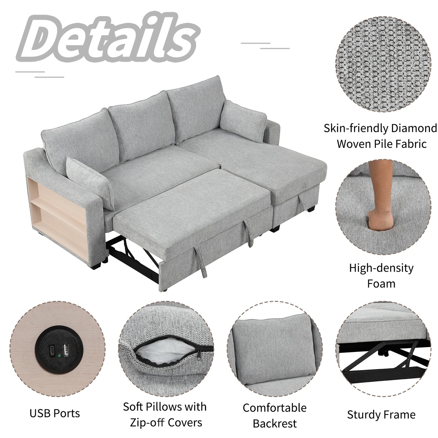 90" Pull Out Sleeper Sofa L-Shaped Couch Convertible Sofa Bed with Storage Chaise, Storage Racks and USB Ports, Light Grey